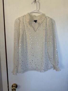 Talbots Ivory Sequin Ruffle-Neck Long-Sleeve Blouse